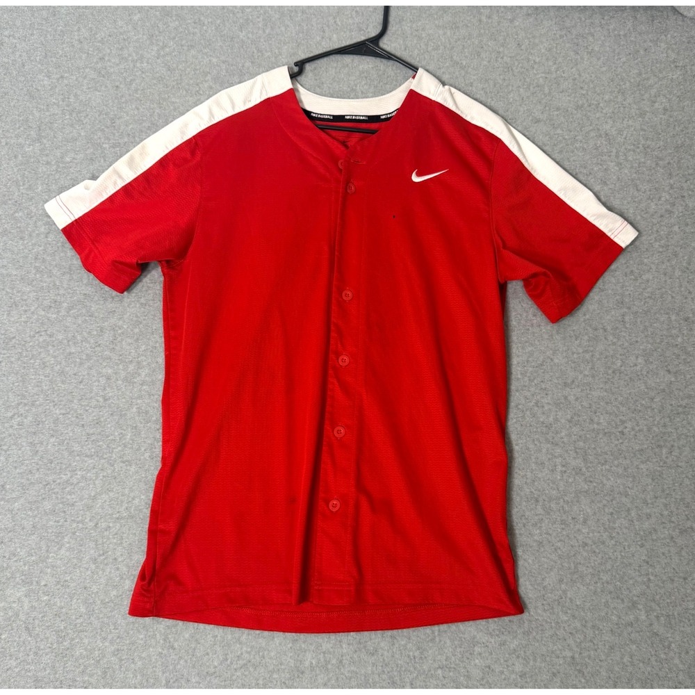 Nike Baseball Jersey Mens Medium Red White Button Down Short Sleeve Team Shirt M